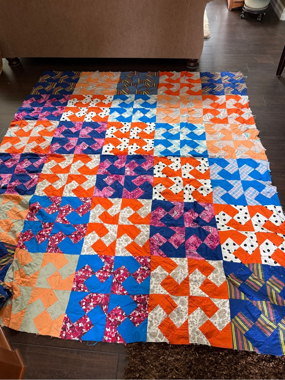 Handmade Patchwork Quilt Top in multiple color Cotton vintage unfinished 95”x79”